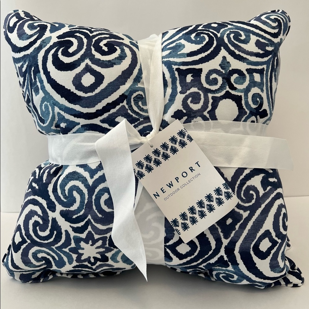 Newport blues and white abstract print outdoor patio pillows set of 2 16X16